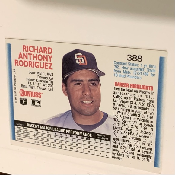 NBA BASEBALL CARD 1992  Donruss #388 Rich Rodriguez VG SanDiego Padres.MInt Cond - Picture 2 of 5